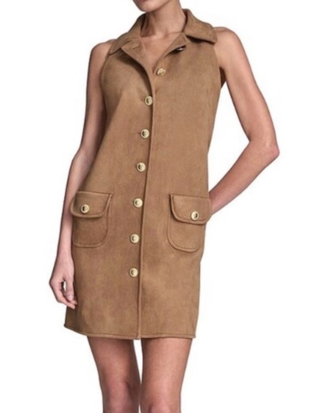 NWT BCBG Faux Suede Button Front Sheath Dress Camel Notch Collar Pocket Sz 10